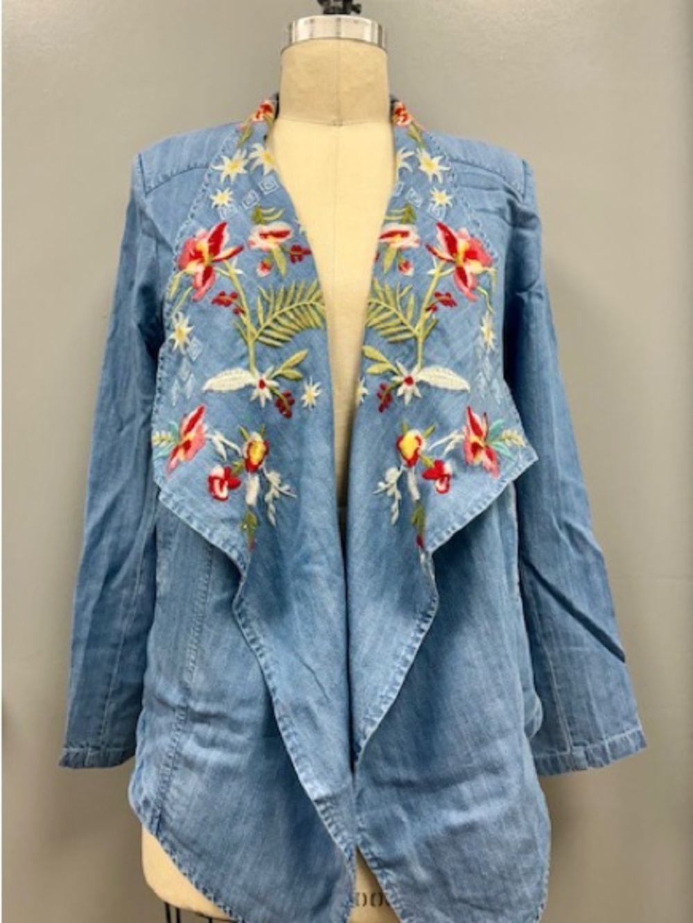 Embroidered Light Blue Denim Drape Jacket - Women